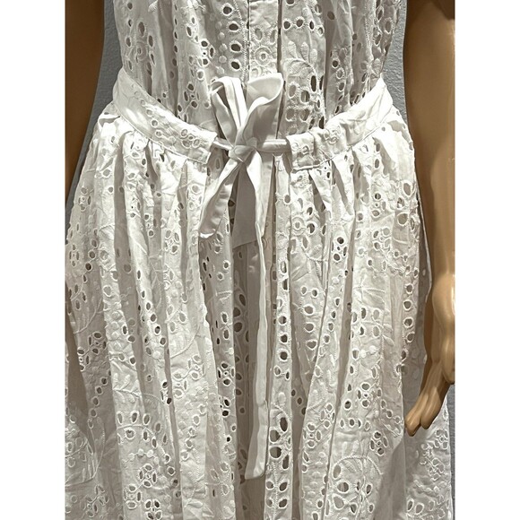 ZARA White Embroidered Eyelet Midi Shirt Dress Pockets Overlay Skirt Sz Medium - Picture 6 of 15